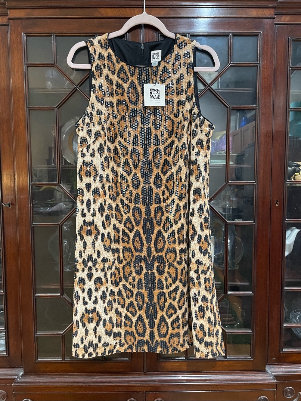 Anne Klein Leopard Sequin Lined Shift Dress - Black & Tan with Pockets NWT Sz 10